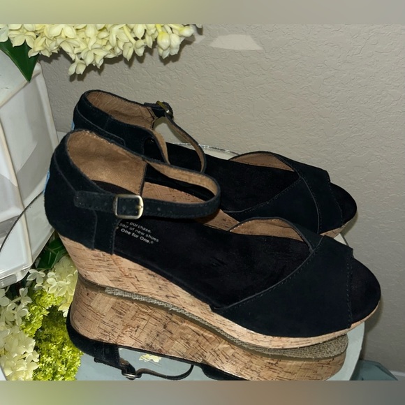 TOMS Black Suede and Cork Wedge Sandals - Picture 2 of 12